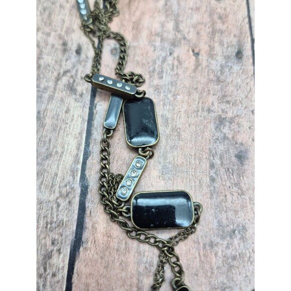 LOFT Black & Gray Double Chain Gun Metal, Enamel & Crystal Station Necklace 32" - Picture 10 of 11
